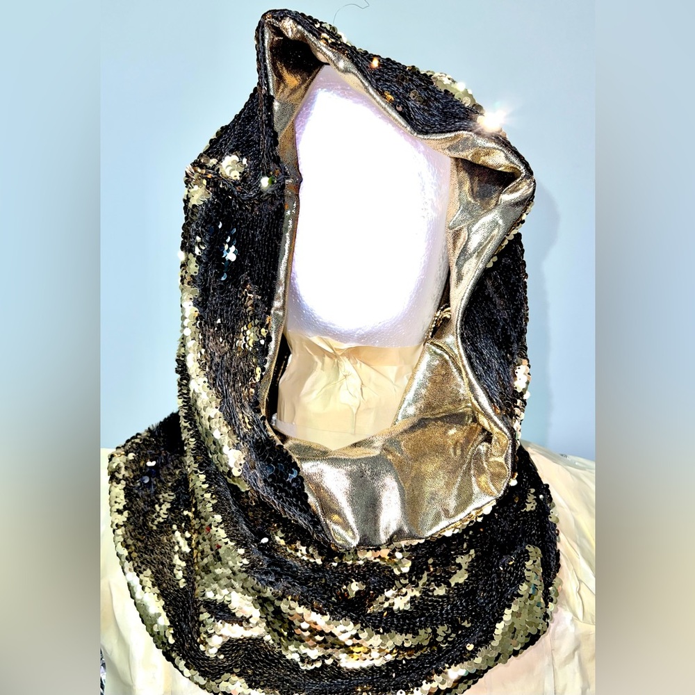 Reversible gold sequin color shifting festival or costume hood or skirt